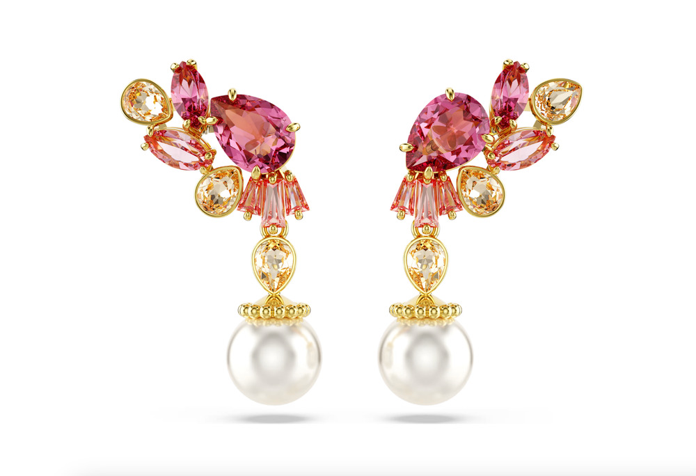 Swarovski Gema Cherry Blossom Drop Earrings - Pink Crystal Floral Pearl Gold